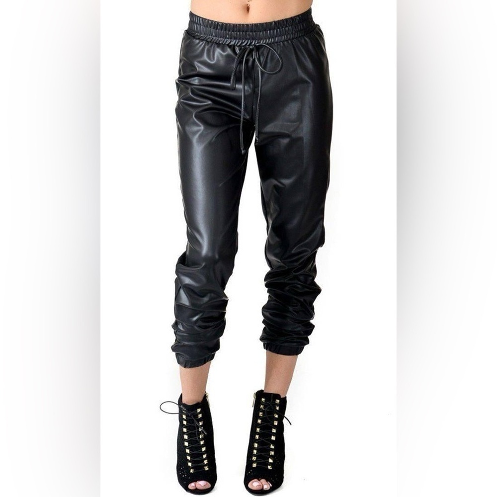 Soho Girl Faux Leather Black Joggers in Size Large - Picture 1 of 9